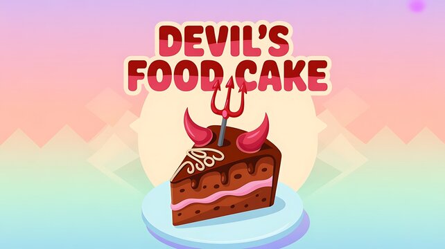 A slice of rich devil's food cake topped with decorative horns and a trident on a plate chocolate devilish culinary