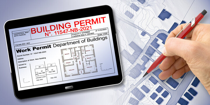 Buildings Permit concept with vacant land available for building construction, work permitl on digital tablet - building activity and construction industry concept with residential building project