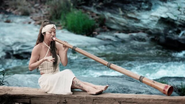 A Serene Musician Performing with a Bamboo Instrument didgeridoo by a Tranquil Stream, Capturing the Essence of Nature and Sound in Harmony with the Surroundings