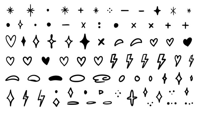 Hand-drawn Sparkles Hearts and Lightning Bolts Icon Set; Decorative Vector Doodle Elements for Social Media Y2K Aesthetic and Sticker Design; Monochrome Minimalist Graphic Symbol Collection