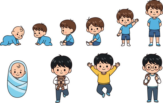Baby to child growth stages vector illustration showing development from newborn to toddler and young boy in cute cartoon style