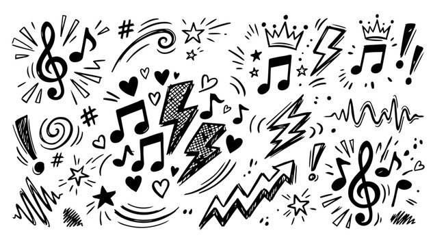 Hand drawn doodle vector set of music themed sketch elements for audio and sound design, sketchy ink pen icons, notes, instruments, and decorative accents for creative projects and media visuals