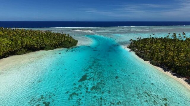 Luxury resort video of Aitutaki, paradise 
Cook islands in Polynesia with tropical palm trees. 
Aerial perspective beautiful top view with 
coral reef, azure pacific ocean, sandy beach. 