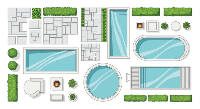 Aerial view of a backyard landscape with pools patios and greenery
