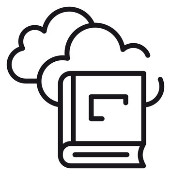 Cloud library vector icon illustration. Digital book storage and online education concept. Black line art symbol of a book with clouds for e-learning, virtual library, and web reading services.
