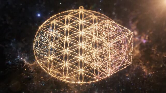 Sacred Geometry Flower of Life and Metatron's Cube Ethereal Glow in Cosmic Nebula