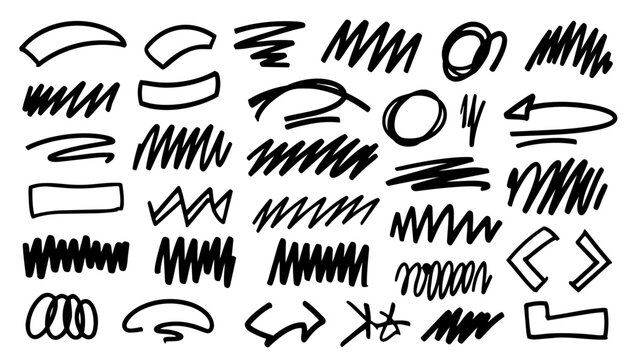 Hand drawn doodle vector set of rough pen decorations for expressive design, sketchy ink pen accents, messy scribble elements, grunge style marks, and decorative details for UI, notes, etc.