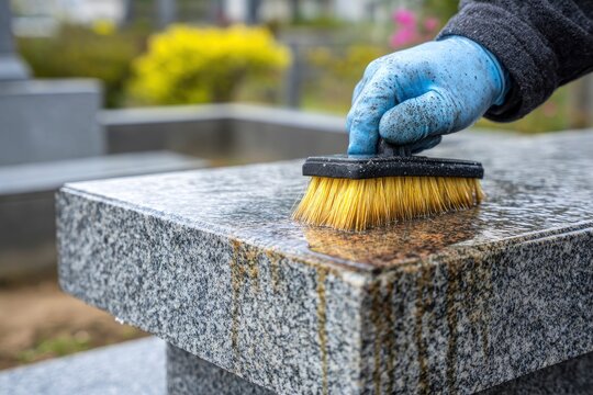 Person wearing blue protective glove scrubbing a polished granite grave marker with a brush, routine maintenance in a cemetery.