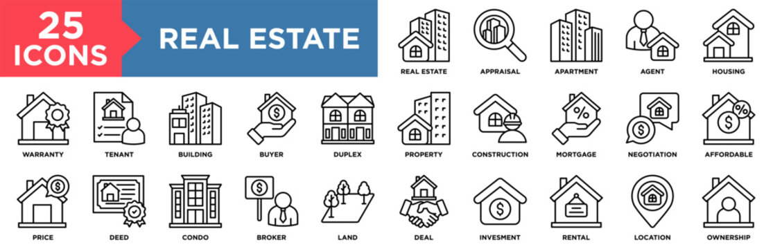 Real Estate Icon Set Collection. Icon Pack Contain Property, Housing, Building, Apartment, Condo, Mortgage, Rental, Tenant, Affordable, Appraisal