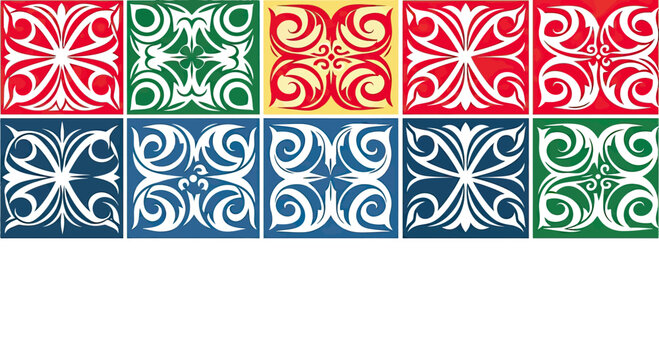 Ten square tiles featuring intricate white tribal patterns on colorful backgrounds