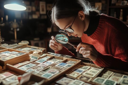 Woman inspecting rare antique postage stamp using magnifying glass