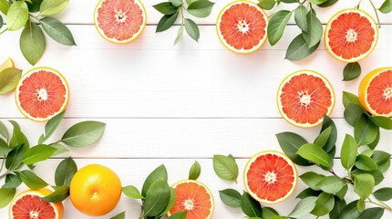 Naklejka premium Fresh grapefruit slices and green leaves arranged as a border on a white rustic wooden table, healthy food background for culinary blog or recipe card presentation