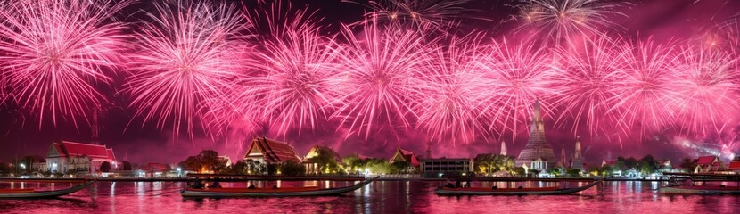 Naklejka premium Fireworks exploding over riverside temple boats at night