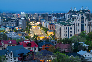 Naklejka premium An overhead view of the business part of Almaty, Kazakhstan, early on a spring morning.