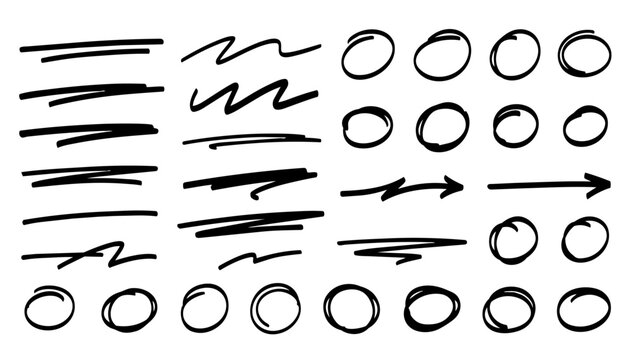 Hand drawn doodle vector set of underlines and circles, playful sketchy ink pen highlight marks, scribble loops, emphasis accents, and annotation elements for text, notes, and creative design projects