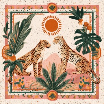 Two spotted felines face each other amidst tropical flora, framed with detailed borders