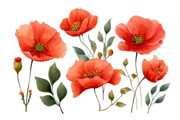 Naklejka premium Watercolor illustration of vibrant red poppies and green foliage on a white background
