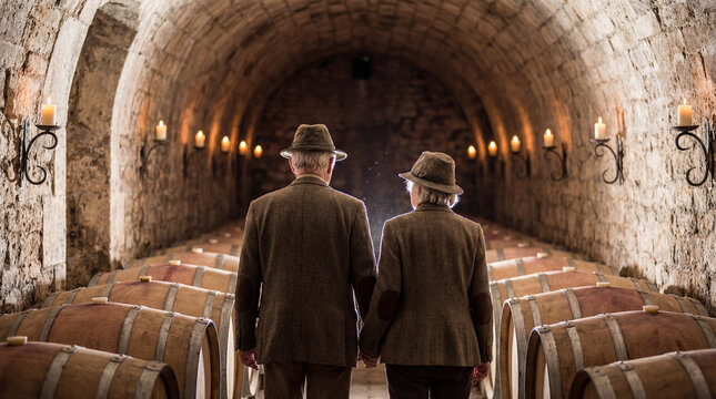 Elderly couple in a wine cellar surrounded by wooden barrels and candlelit ambiance, enjoying a romantic and adventurous exploration of a historic site. Image made using Generative AI.