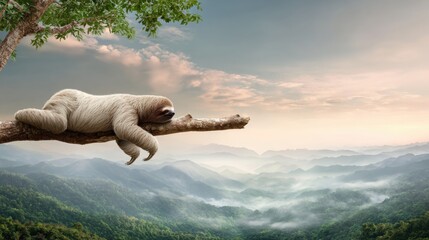 Fototapeta premium Sloth resting on tree branch above misty rainforest mountains. Peaceful tropical scene with soft clouds, green valleys and relaxed wild animal in natural habitat