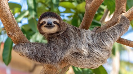 Fototapeta premium Cute sloth climbing on tree branches in tropical jungle. Close-up wildlife portrait with green foliage background, slow animal behavior and rainforest ecosystem concept