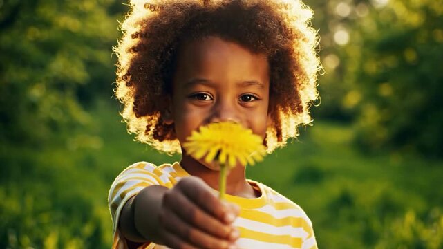 Adorable young child with curly hair offering a bright yellow dandelion flower