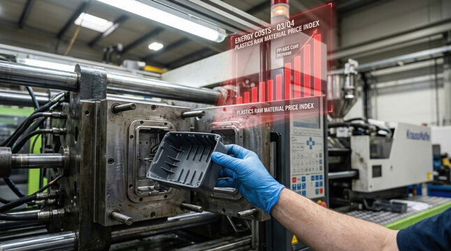 Industrial manufacturing process shows materials and plastics price surges with worker holding molded plastic part in factory setting