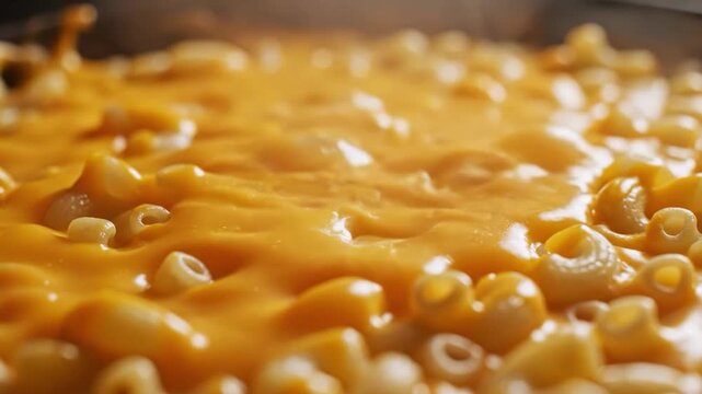Closeup of creamy macaroni and cheese cooking in a pan