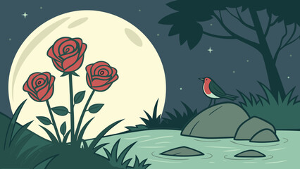 Moonlit scene, red roses, night landscape, vector illustration
