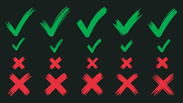 Set of hand drawn green check mark, red cross, black background, professional success failure symbols, minimalist vector illustration