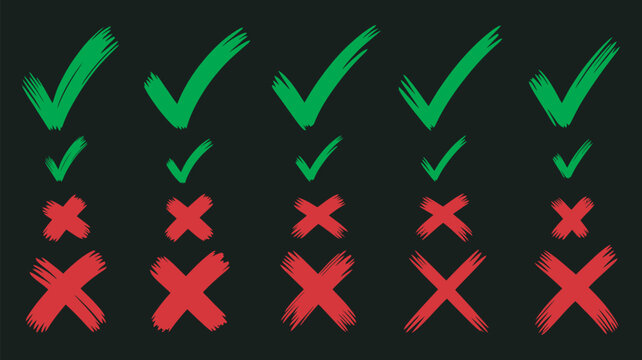 Set of hand drawn green check mark, red cross, black background, professional success failure symbols, minimalist vector illustration