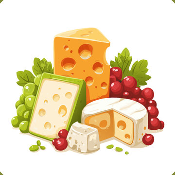Vector illustration of cheese assortment with brie, grapes, isolated on a white background