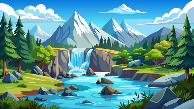 Mountain landscape, scenic waterfall, river, trees, cartoon nature scene