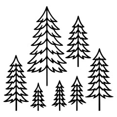Obraz premium set of stylized pine trees in outline drawing on white background.