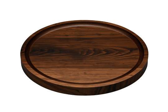 Round wooden serving board with raised edge and deep brown finish, ideal kitchen cutting or pizza platter on transparent background