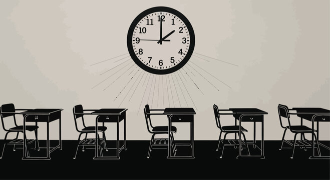 A solitary classroom scene features a clock on the wall and empty student desks