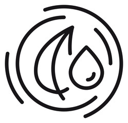 Minimalist black line art vector icon of a leaf and water drop inside a circular swirl, representing nature, ecology, sustainability, and environmental protection symbol on white background. © Md