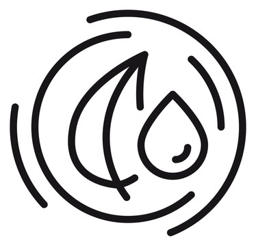 Minimalist black line art vector icon of a leaf and water drop inside a circular swirl, representing nature, ecology, sustainability, and environmental protection symbol on white background.