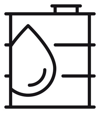 Minimalist black line vector icon of an oil barrel or fuel drum featuring a liquid drop symbol, representing petroleum industry, energy resources, and industrial storage, scalable illustration.