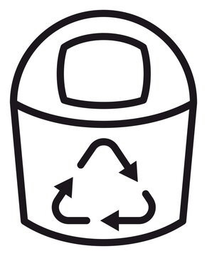 Black line art vector icon of a recycling bin with a domed lid and a universal recycling symbol, minimalist waste management illustration for environmental and sustainability concepts.