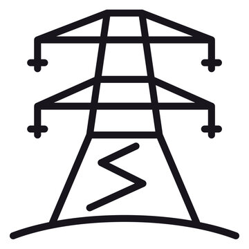 Minimalist black vector icon of an electric power transmission tower pylon with a lightning bolt symbol, representing high voltage energy, utility infrastructure, and electrical power supply.