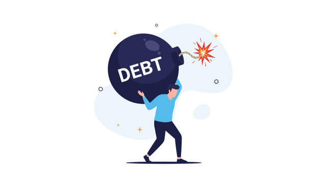 Man struggling to carry a massive bomb labeled debt on his back symbolizing financial burden, economic crisis, and bankruptcy pressure.