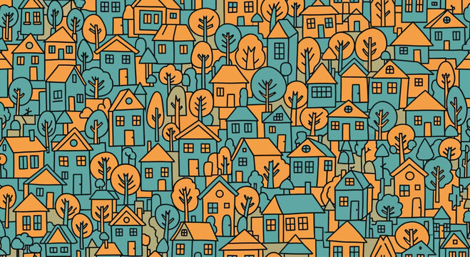 Abstract, colorful houses and trees form a whimsical, repeating pattern