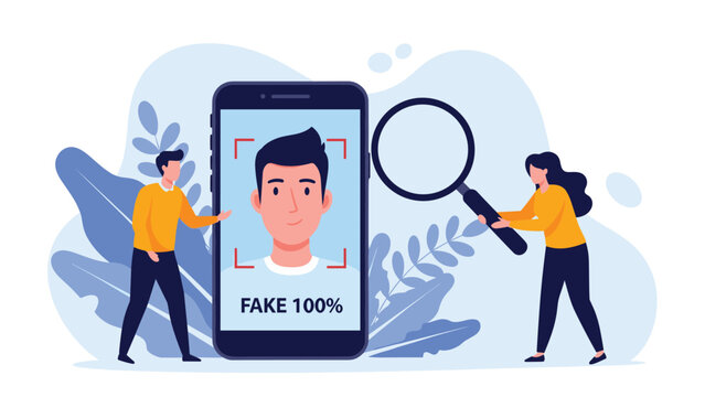 Security specialists using magnifying glass to detect fake identity or deepfake profile on smartphone for cybersecurity.