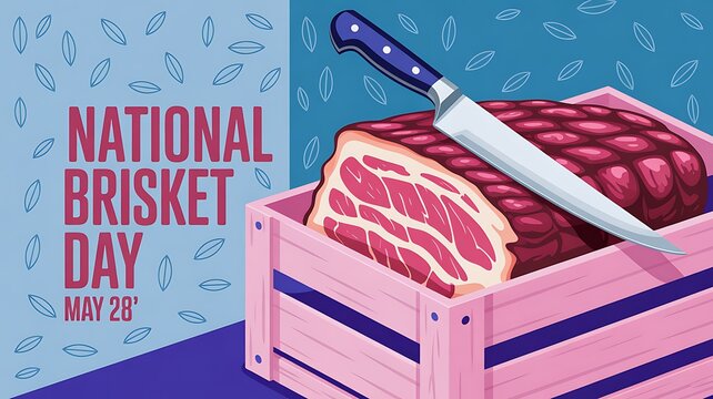 National brisket day butcher concept with large piece of fresh beef and carving knife in wooden crate, celebration