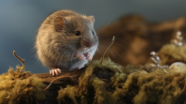Close-up of a tiny brown field mouse perched on mossy ground with a softly blurred natural background