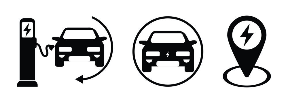 Electric Vehicle Charging and Station Location Icon Set - Vector. EV Charging Station, Electric Car Ecology, and Map Pointer Icons Vector illustration.