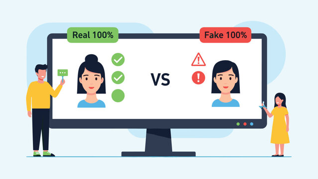 Digital screen displaying comparison between real and fake identity verification with checklist and warning icons.