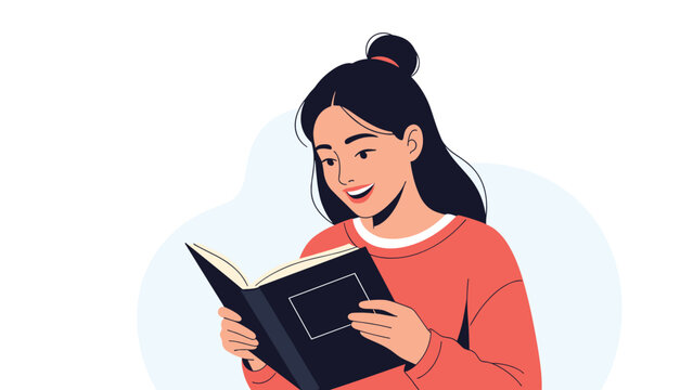 Smiling young woman enjoying a book while reading with interest and happiness against a soft background pattern.