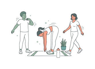 Fototapeta premium Small group sharing a post jog pause with one central figure sitting on a mat drinking water while others stretch arms and walk