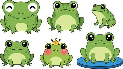 Obraz premium Cartoon Frogs in Various Poses with Crown, Smiling Faces, and Playful Expressions for Kids, Animal, and Nature Illustrations